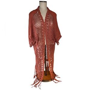 Kori America Boho  Embroidered Crochet Fringe Kimono Sz M/L Terracotta F…